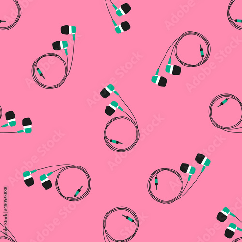 Headphones; Audio Equipment; Wired and Wireless Earphones for Music Listening. Earbuds Technology Accessory for Smartphone or Dj. Hand drawn flat cartoon vector seamless pattern.