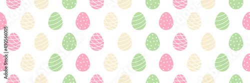 Wide hozirontal vector seamless pattern background for Easter design with cute pastel colors decorated easter eggs. 
