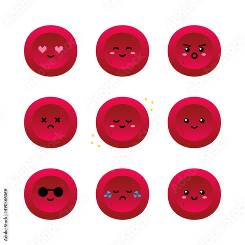 Set, collection of cute red blood cells, erythrocytes characters with different facial expressions, happy, sad, shining, joyful.