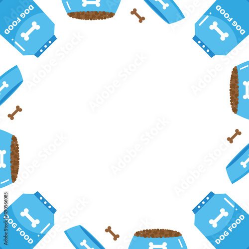 Dog food blue bowls and packages vector square frame, border.
