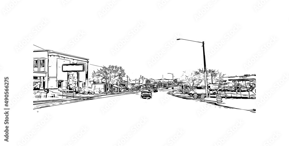 Building view with landmark of Moab is a city in eastern Utah. Hand drawn sketch illustration in vector.