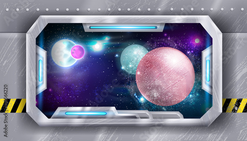 Space ship window view, vector shuttle futuristic inside frame, spacecraft rocket porthole, planet, stars. Game sci-fi background, metal cabin scene, universe galaxy illustration. Alien space window