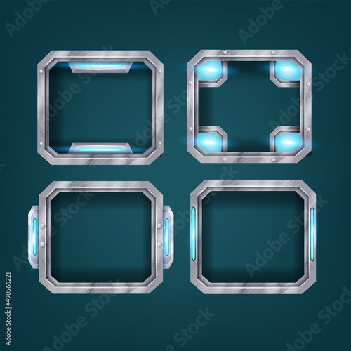 Futuristic technology game frame, abstract spaceship steel screen kit, vector metal HUD menu panel set. Neon lights, UI cyberpunk monitor display, electronic interface element. Futuristic glow frames