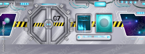 Space ship vector interior, spaceship inside station seamless background, futuristic game environment. Spacecraft window, metal door, alien control panel, panoramic corridor. Space ship illustration