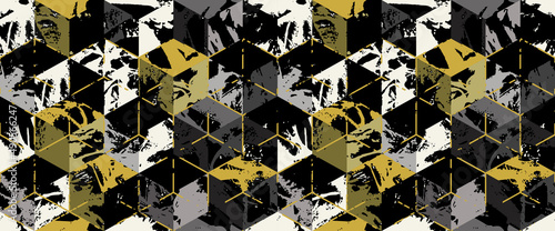 Grunge black strokes geometrical cube camouflage print, modern fashion design. Paint hexagon camo military pattern. Army uniform. Dark fashionable, fabric. Vector seamless urban texture
