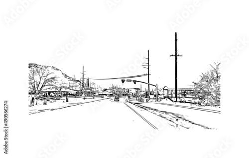 Building view with landmark of Moab is a city in eastern Utah. Hand drawn sketch illustration in vector.