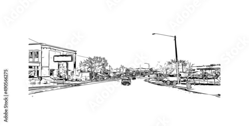Building view with landmark of Moab is a city in eastern Utah. Hand drawn sketch illustration in vector.