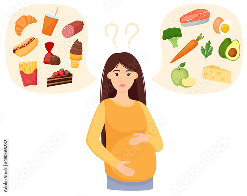 Pregnant woman choosing between healthy and unhealthy food. Fastfood vs balanced menu. Eating during pregnancy. Concept vector illustration