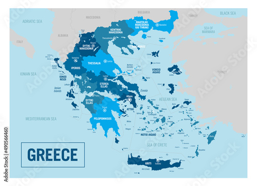 Greece country political map. Detailed vector illustration with isolated provinces  departments  regions  counties  cities  islands and states easy to ungroup.