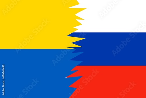 Stop Russian aggressors.  Flags of the Russian Federation and Ukraine on the background of the cracks.