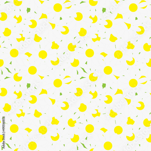 Fototapeta Naklejka Na Ścianę i Meble -  Unfolded chamomile on the whole green background, seamless pattern. Illustration