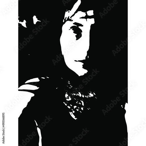 Black and white closeup portrait of a young woman in dark. High contrast graphic portrait. Isolated vector illustration.	