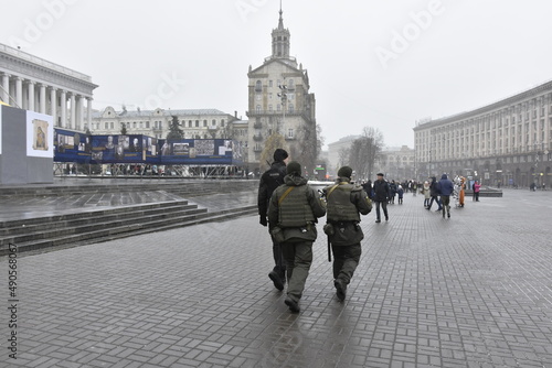 Ukraine, Kyiv, February 23, 2022, empty city streets, the center of the capital, Militia, patrol, army, control,