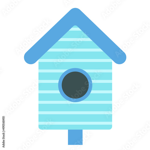 Blue bird house, cute illustration in cartoon flat style. Spring concept. Wooden bird feeder. Bird day, nature protection. Crafts made of wood and nails. 