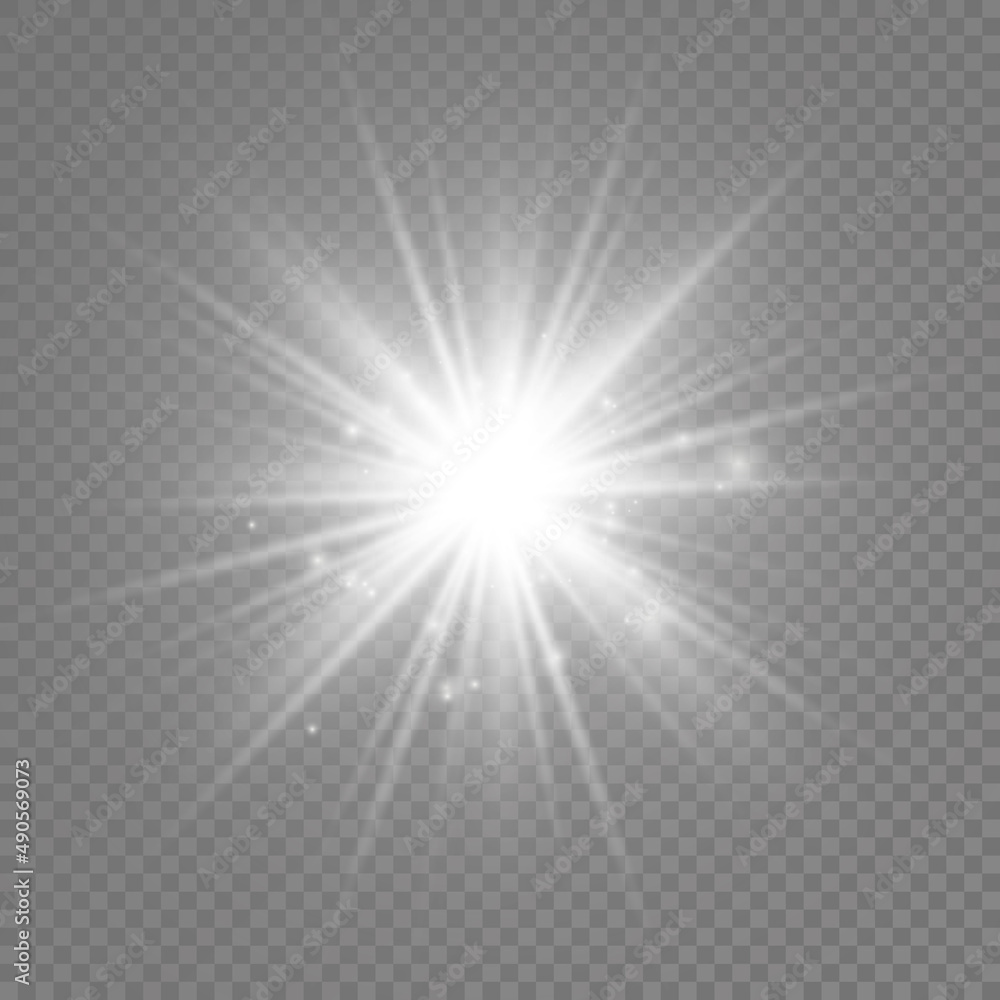 Glow bright light star, white sun rays, sunshine.