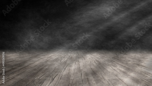 dunkler Hintergrund, hölzerner Bühnenboden mit Nebel und Licht