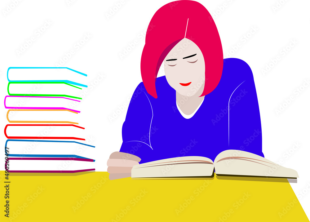 Girl with red hair reading a book in a blue jacket and many books on a yellow table