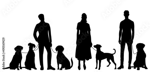 people with dogs black silhouette isolated vector