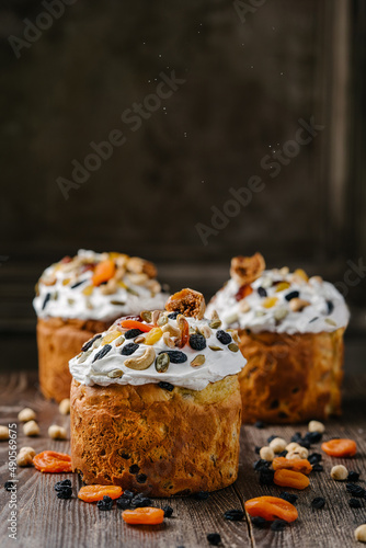 Easter cakes with nuts and dried fruits. rustic style. copy space