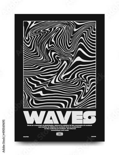 Modern poster with optical black and white waves. In Techno style, print for streetwear, for t-shirts, hoodies, and sweatshirts. Isolated on white background