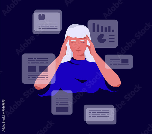 Stressed woman holds her head. Cyber attack concept