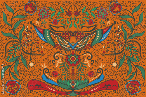 creative masks with traditional batik abstract floral motifs, Damask for vintage colorful patterned textile fabrics or paper.