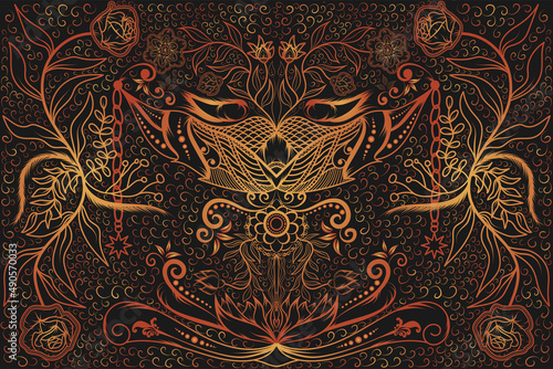 creative masks with traditional batik abstract floral motifs, Damask for vintage colorful patterned textile fabrics or paper. line art patterns.