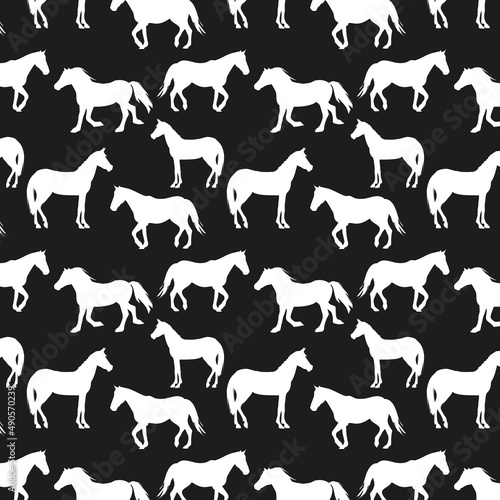 black and white vector pattern with silhouettes of horses. The theme of farm animals and equestrian sports