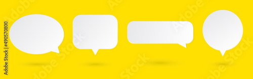 Set of four 3D speech bubble icons isolated on yellow background. 3D chat icon pack.