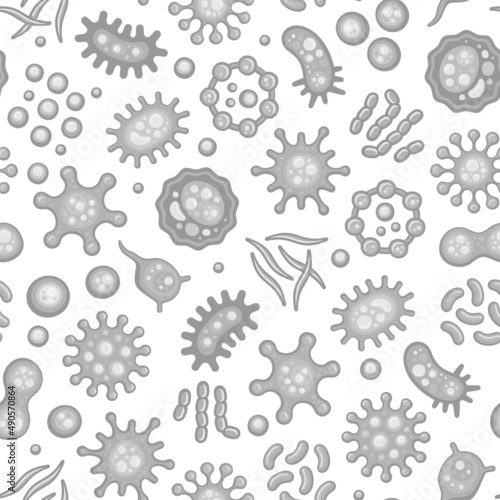 Microbe and Virus under Microscope Seamless Pattern. Vector