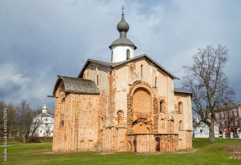 Medieval Church of Paraskeva Friday close-up, April day. Veliky Novgorod, Russia