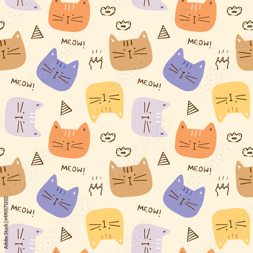 Seamless Pattern with Cartoon Cat Face Design on Light Yellow Background