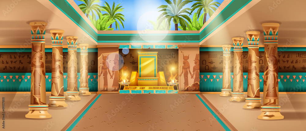 Egypt temple interior, pyramid tomb, stone column, throne, vector Egyptian  ancient palace background. Old civilization hall, golds mural silhouette,  palm tree leaf. Egypt temple game illustration Stock Vector | Adobe Stock