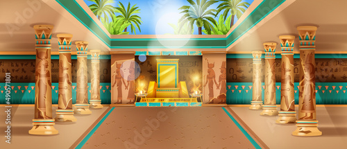 Egypt temple interior, pyramid tomb, stone column, throne, vector Egyptian ancient palace background. Old civilization hall, golds mural silhouette, palm tree leaf. Egypt temple game illustration