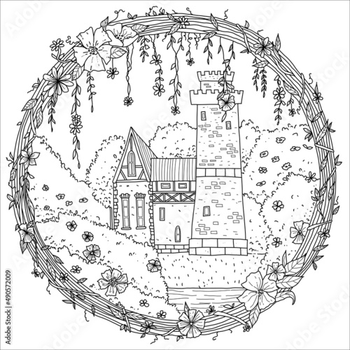 Frame with beautiful flowers, houses, leaves and tower. Hand drawn coloring page.