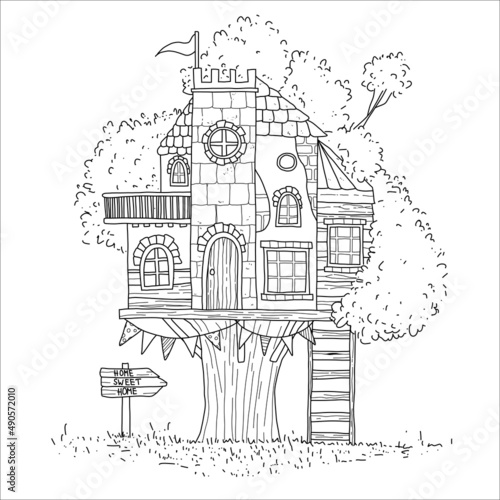 Hand drawn coloring page. Cute treehouse with grass, tree, stairway.