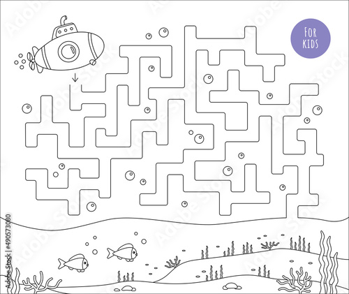 Childrens game. Labyrinth for kids. Logical quest for teaching and entertaining children. Help a submarine dive to the seabed. Coloring page. Cute vector illustration.
