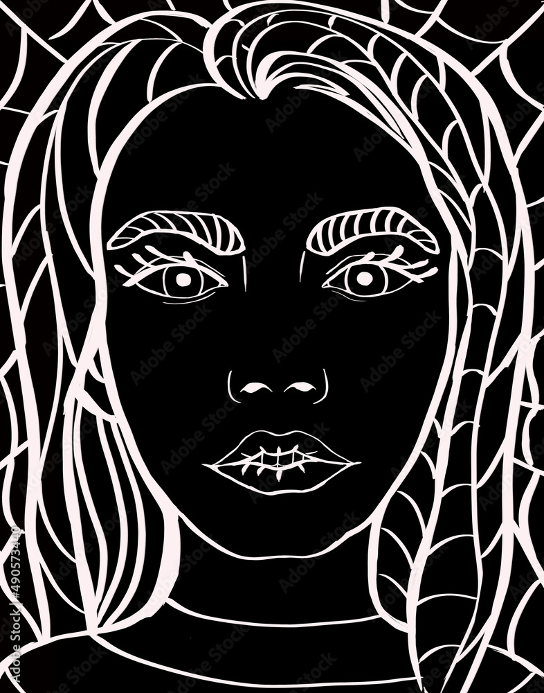linear drawing of a portrait of a girl on a black background