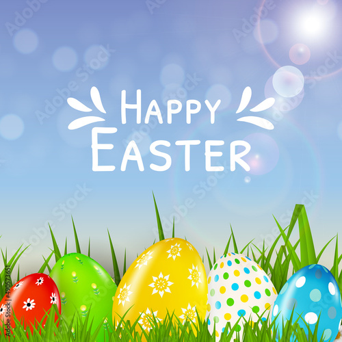 Easter poster template with 3d realistic eggs, spring background. Template fo...