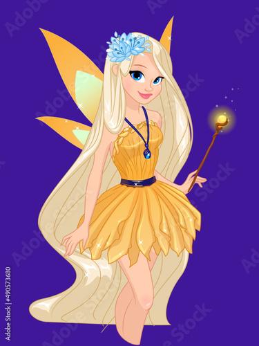 fairy with magic wand.Cute little fairy with beautiful long braided hairstyle Vector .