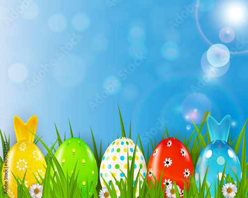Easter poster template with 3d realistic eggs, grass and spring background. T...