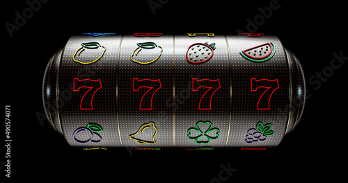 Photography Futuristic, Modern Slot Machine 7777 Concept With Colorful Neon Lights Isolated