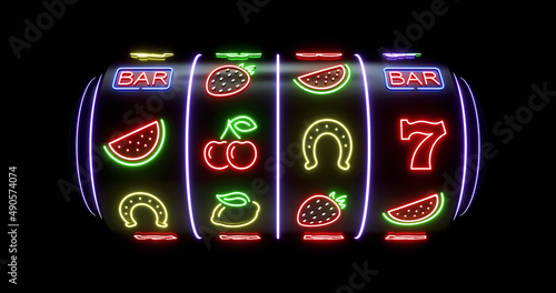 Futuristic, Modern Slot Machine Concept With Slot Symbols And Colorful Neon Lights Isolated On The Black Background - 3D Illustration 