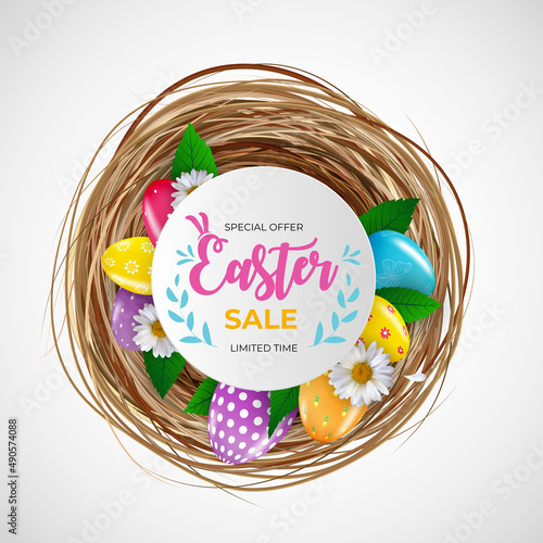 Easter sale poster template with 3d realistic Easter eggs. Template for adver...