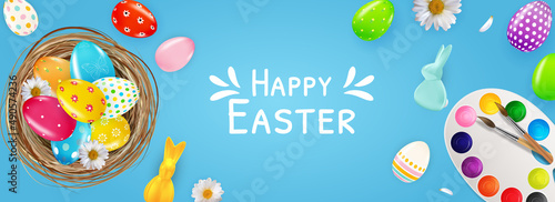 Easter poster template with 3d realistic Easter eggs, nest, paints, bunny. Te...