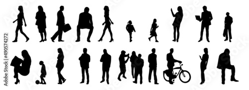 Vector silhouettes, Outline silhouettes of people, Contour drawing, people silhouette, Icon Set Isolated, Silhouette of sitting people, Architectural set	