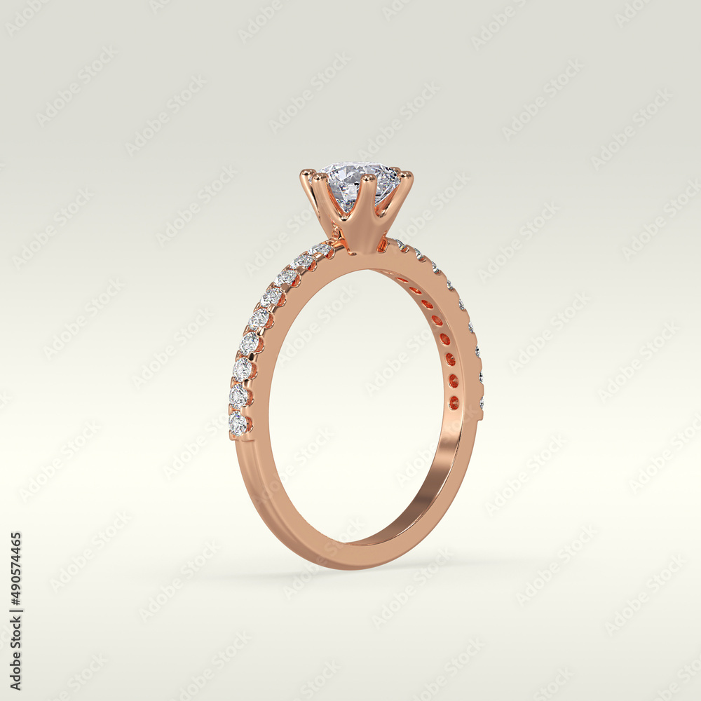 solitaire engagement ring standing position in metal gold 3D render