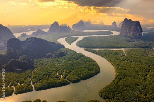 Canal Nai Hgop and Ko Tapu Pier  Islands in Phang nga Bay. Known originally and locally as Ko Tapu or Nail Island Departure from Ao Por Pier to Phang nga Bay on Cruiser Boat. Unseen Thailand.