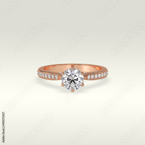 solitaire engagement ring laying down position in rose gold 3D render © CADjewels