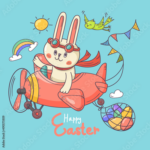 Character of Rabbit Cute on air plane with Easter Egg on blue background,Hand Drawn vector,illustration.